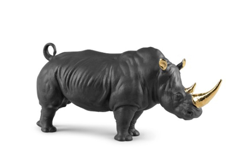 Rhinoceros porcelain black and gold Lladro'