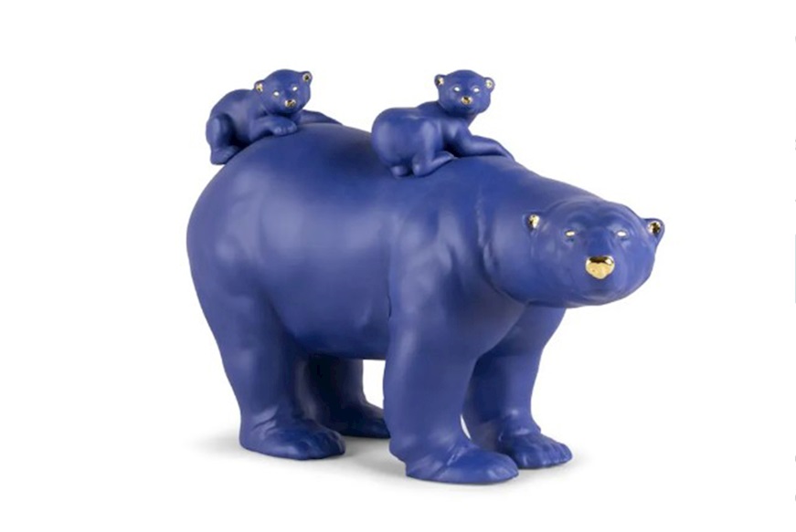 Mummy Bear and Babies porcelain blue and gold Lladro'