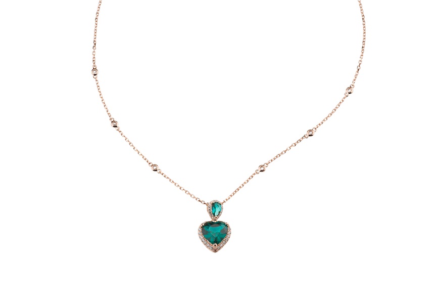 Necklace Luce silver rosè with heart pendant, cubic zirconia and emerald zircons Sovrani