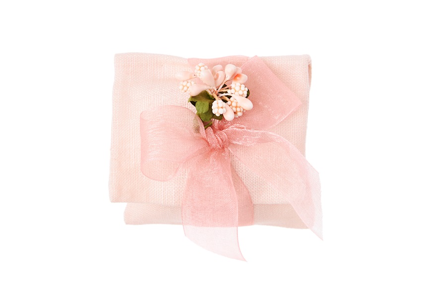 Busta Portaconfetti lino cipria con nastro e fiore rosa Selezione Zanolli