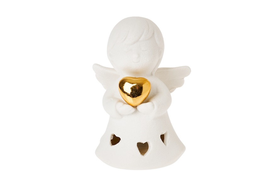 Angioletto porcellana con cuore oro, luce LED e ciuffo portaconfetti Selezione Zanolli