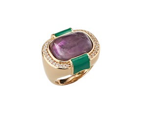 Anello ottone finitura dorata con quarzo viola e smalto verde Sovrani