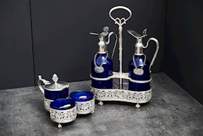 Set condimenti argento 600 grammi 2 pezzi con vetri blu Zanolli Vintage