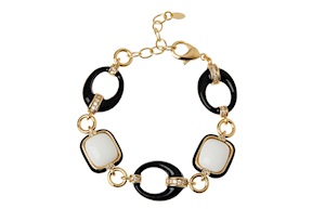 Bracciale ottone finitura dorata con agata bianca e nera smalto nero e zirconi Sovrani