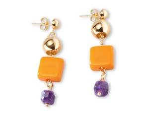 Orecchini pendenti ottone finitura oro con resina arancione e ametista Sovrani