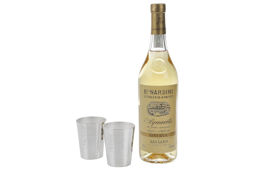 Bottle Acquavite Vinaccia Riser trilaminated Silver with two glasses Selezione Zanolli