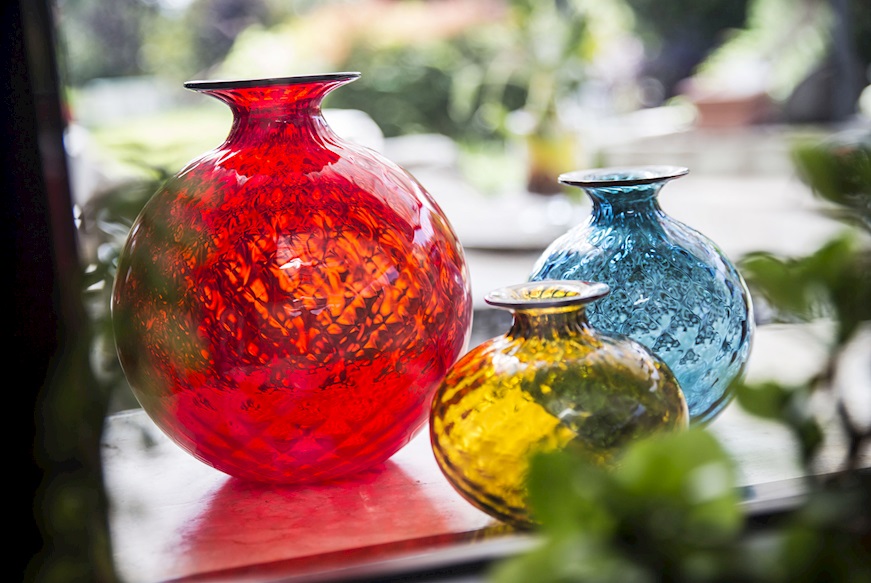 Vaso Monofiore Balloton vetro di Murano orizzonte con filo rosso Venini