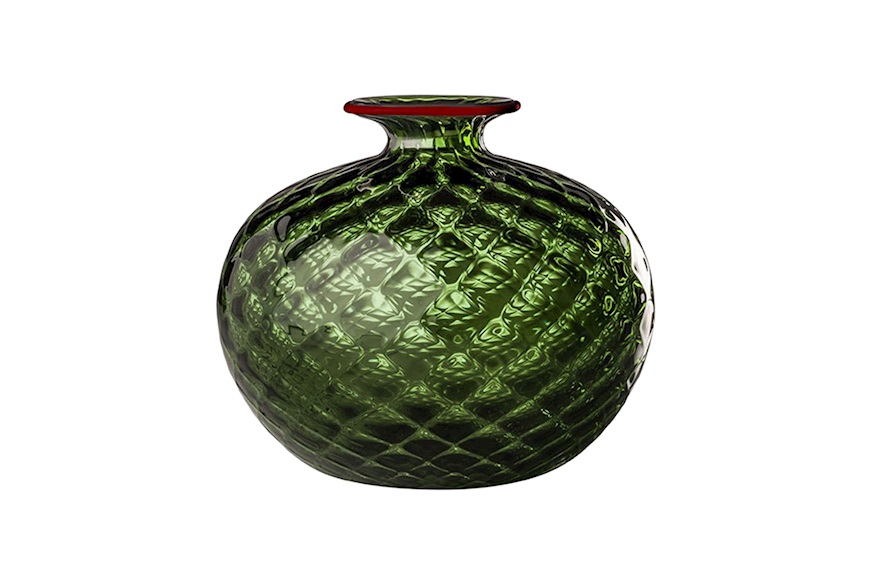 Vaso Monofiore Balloton vetro di Murano verde mela con filo rosso Venini