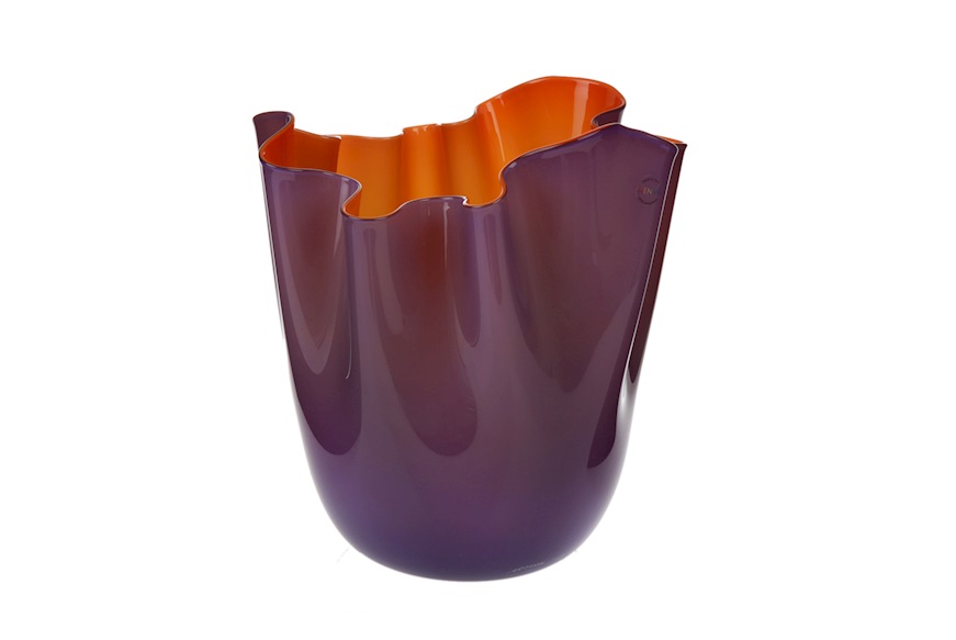 Vaso Fazzoletto vetro di Murano indaco e arancio Venini