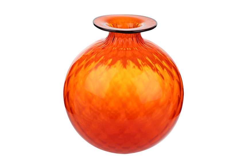Vaso Monofiore Balloton vetro di Murano arancio con filo indaco Venini