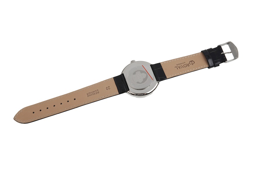 Watch steel with black dial, zircons and leather strap Royal London