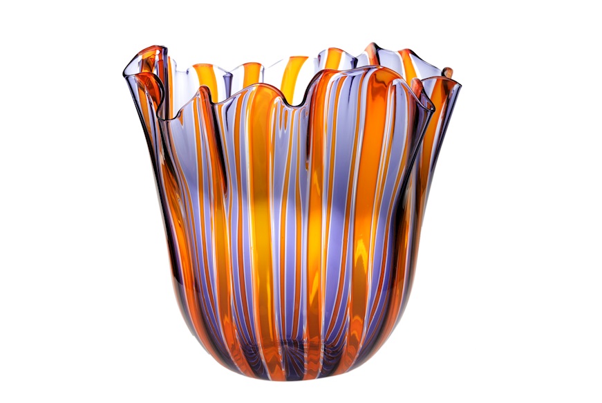 Vaso Fazzoletto vetro di Murano a canne indaco, arancio e cristallo Venini
