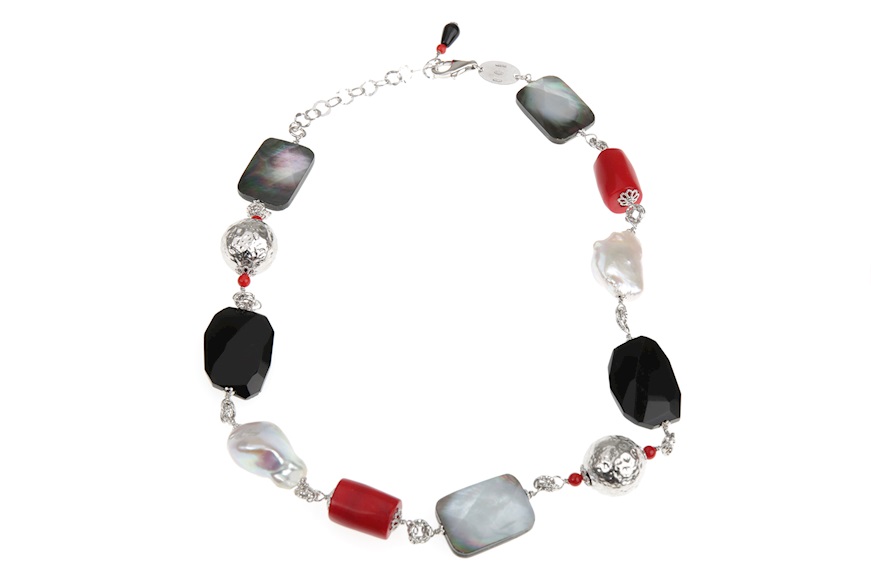 Necklace silver with bamboo, mop and black agate Luisa della Salda