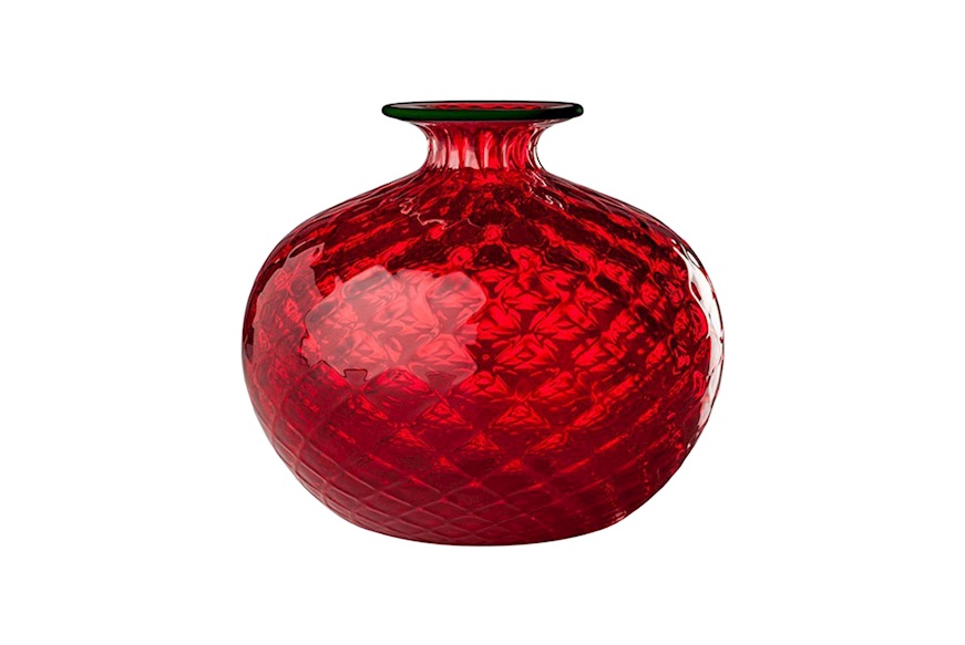 Vaso Monofiore Balloton vetro di Murano rosso con filo verde mela Venini