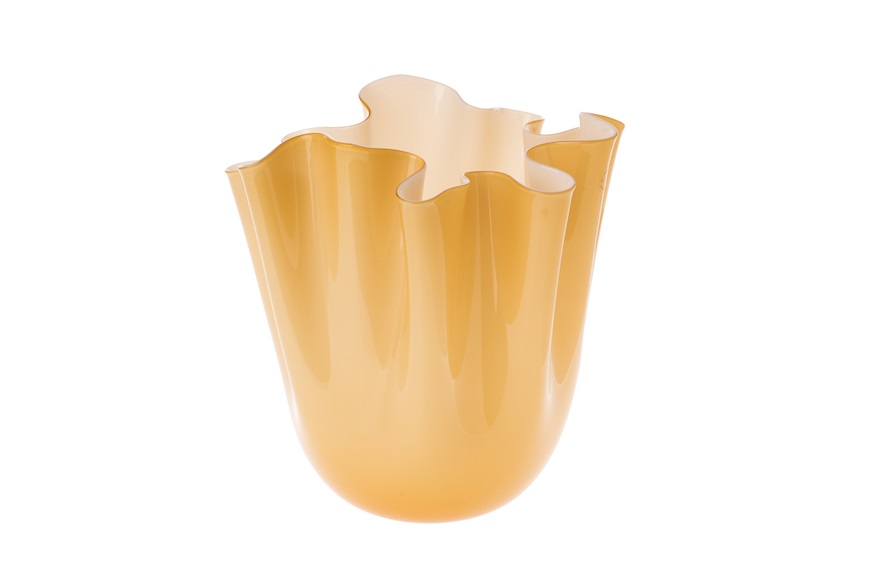 Vaso Fazzoletto vetro di Murano opalino ambra e lattimo Venini