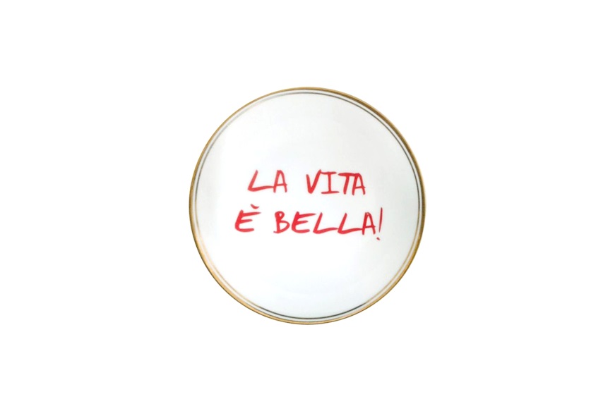 Little plate La Tavola Scomposta porcelain La vita è bella with sugared almonds Bitossi home