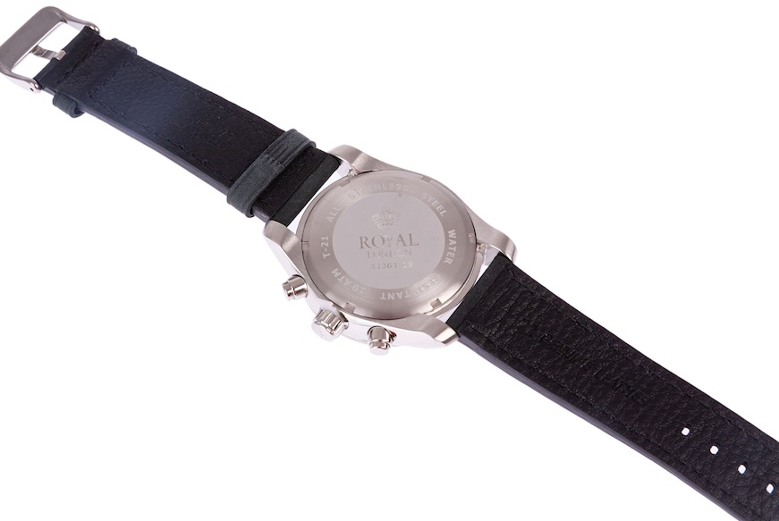 Cronografo acciaio con quadrante nero e cinturino in pelle Royal London