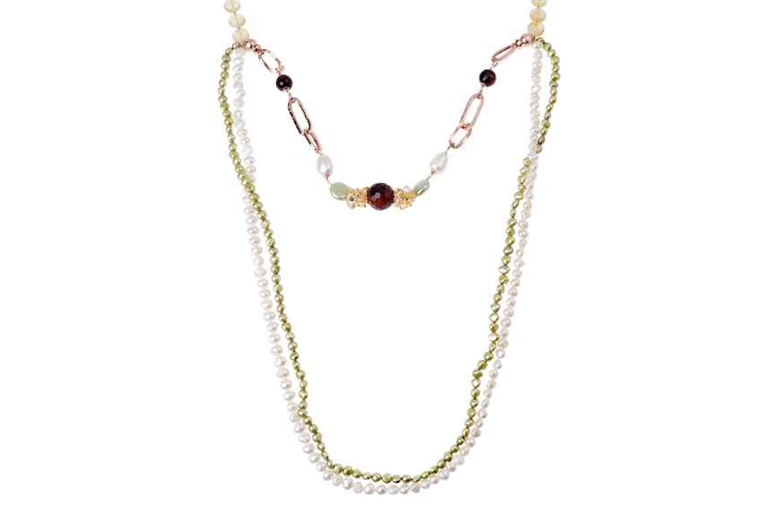 Collana argento rosè con quarzo citrino, perle e occhio di tigre Luisa della Salda