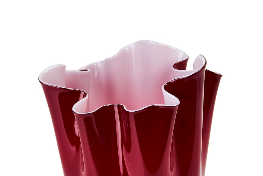 Vaso Fazzoletto vetro di Murano rosso sangue e rosa cipria Venini