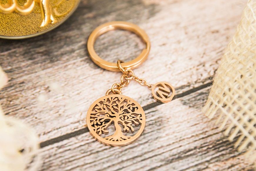 Keyrings Tree of Life steel with rosè PVD coating Nomination