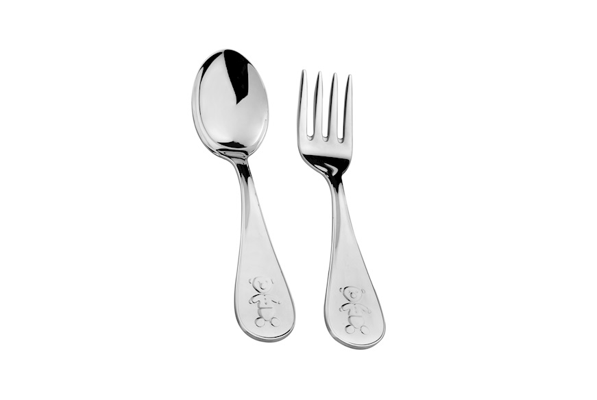 Baby fork and spoon set Kikko silver teddy bear Selezione Zanolli