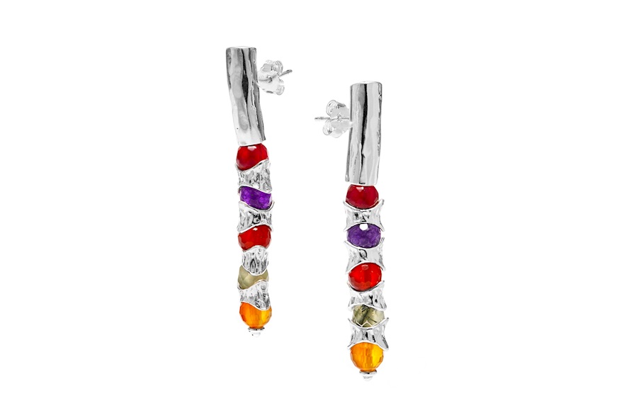 Orecchini Rainbow argento martellato con pietre multicolor Selezione Zanolli