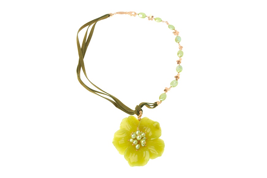 Necklace silver rosè with green pearls and new jade flower Luisa della Salda